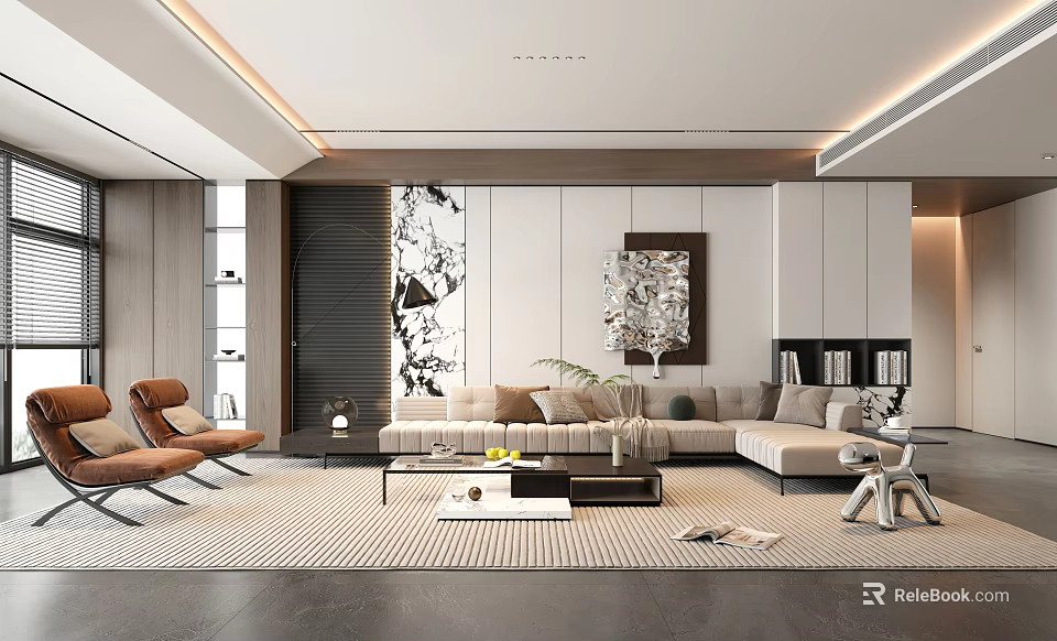 Modern Living Room Interior Design With Beige Sofa Wooden Elements And Decorative Painting 3d model 
