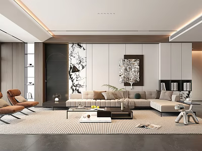 Modern Living Room Interior Design With Beige Sofa Wooden Elements And Decorative Painting 3d model