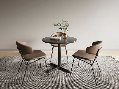 Modern Round Table and Chairs Set with Vase Plant and Rug in Living Space 3d model