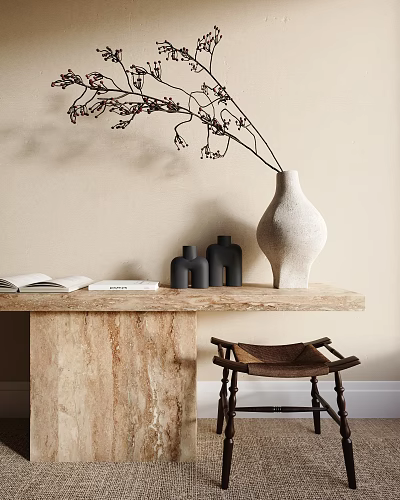 White Vase With Dried Flowers On Beige Marble Table Near Brown Stool And Open Books 3d model