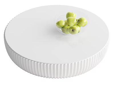 Round White Coffee Table With Ribbed Base And Glass Bowl Of Green Apples 3d model