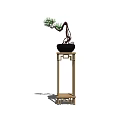Wooden Flower Stand with Bonsai Pine Tree in Black Pot and Traditional Design