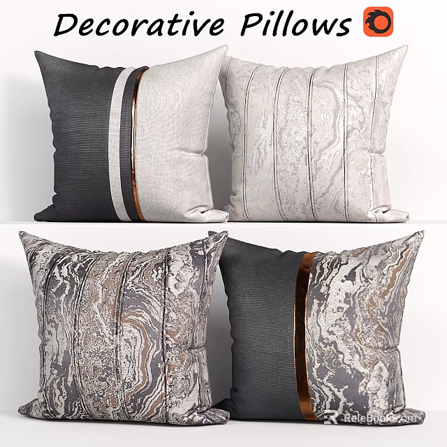 Assorted Modern Stylish Pillows With Marble Pattern Gray Beige Metallic Trim 3d model 
