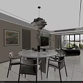 Modern Open Living Dining Room Interior With Sofa Coffee Table Rug And Chandelier