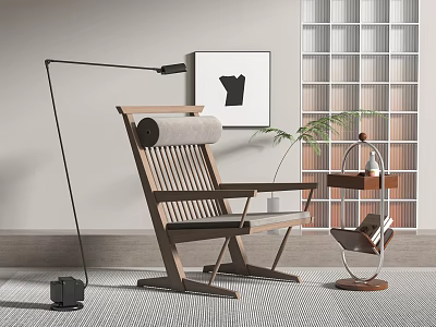 Modern Wooden Leisure Chair With Floor Lamp Side Table Wall Art And Lattice Screen 3d model