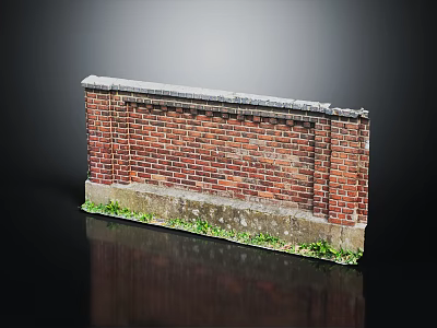 Weathered Red Brick Wall Structure With Gray Top And Grass At Base 3d model