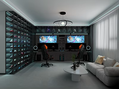 Gaming Entertainment Room Interior With Shoe Rack Wall Dual Monitors And Gaming Chairs 3d model