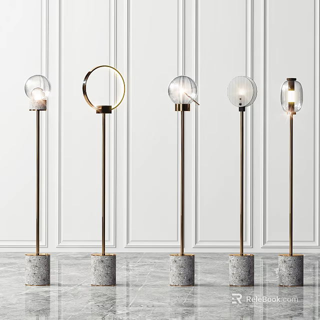 Modern Floor Lamps With Glass Shades Golden Poles Grey Stone Bases White Paneled Wall 3d model 