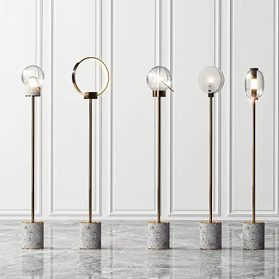 Modern Floor Lamps With Glass Shades Golden Poles Grey Stone Bases White Paneled Wall 3d model