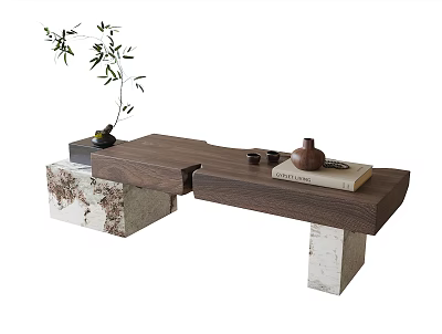 Modern Wooden Stool With Marble Base For Home Decor Featuring Olive Plant Vase And Book 3d model
