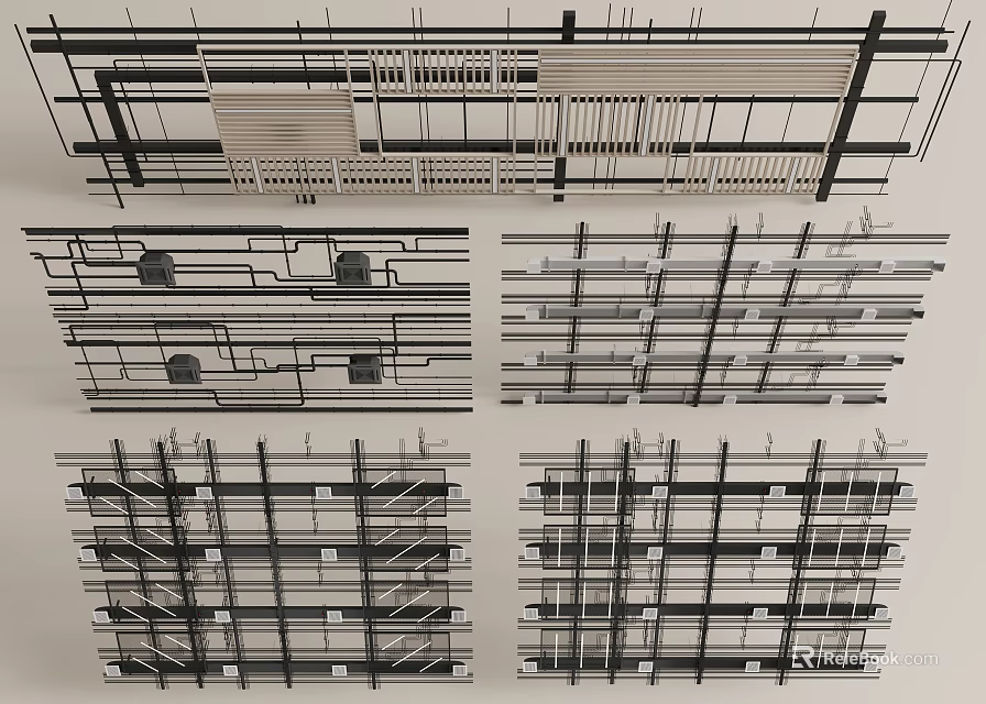 Modern Ceiling Design Featuring Grid Lines Structural Frames And Various Layouts 3d model 