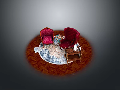 Cozy Living Space With Two Red Armchairs Small Table And Patterned Rug On Wooden Floor 3d model