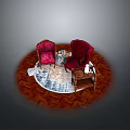 Cozy Living Space With Two Red Armchairs Small Table And Patterned Rug On Wooden Floor