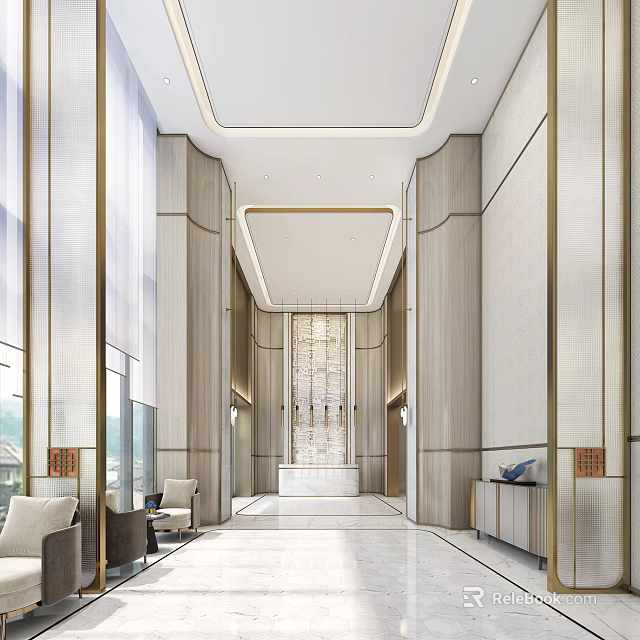 Spacious Modern Front Desk Reception Lobby With Marble Elements Metal Accents And Soft Lighting 3d model