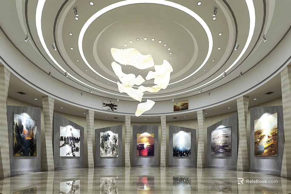 Art Exhibition Hall Interior With Circular Ceiling Artistic Chandelier And Displayed Paintings 3d model 