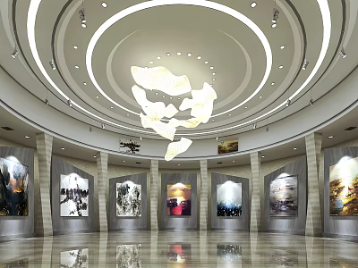 Art Exhibition Hall Interior With Circular Ceiling Artistic Chandelier And Displayed Paintings 3d model