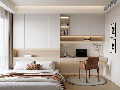 Modern Tatami Bedroom Interior With Tatami Bed White Cabinets Desk Chair Books And Soft Lighting 3d model