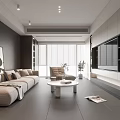 Modern Living Room Interior With Gray Sofa Beige Armchair Round Coffee Table And Blinds