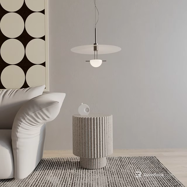 Modern Textured Side Table With White Sofa Geometric Art And Pendant Light 3d model