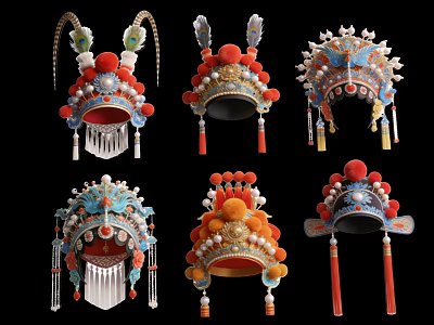 Traditional Chinese Peking Opera Helmet Pendants With Vibrant Colors And Intricate Decorations 3d model