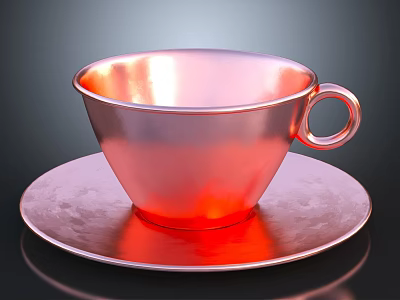 Red Metallic Cup With Saucer On Dark Background And Reflective Surface 3d model