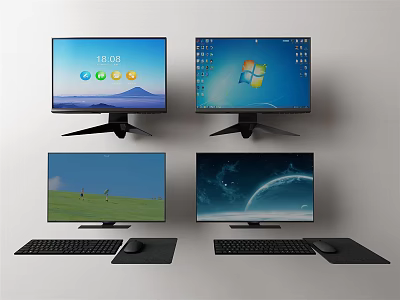 Four Computer Monitors Setup with Keyboard Mouse and Different Desktop Screens 3d model