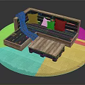 L Shaped Wooden Sofa With Gray Cushions Plaid Blanket Coffee Table On Outdoor Stone Floor