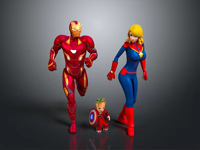 Iron Man Captain Marvel And Child With Captain America Shield Running Together 3d model