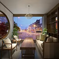 Chinese Style Specialty Store Interior With Wooden Counters Green Plants And Round Mirror