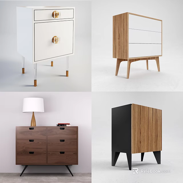 Modern Bedside Table With Wooden White Finishes Slim Legs Drawers And Gold Accents 3d model 