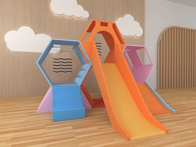 Children's Playground Equipment With Blue Orange Pink Slides Hexagonal Structures Wooden Walls And Cloud Decorations 3d model