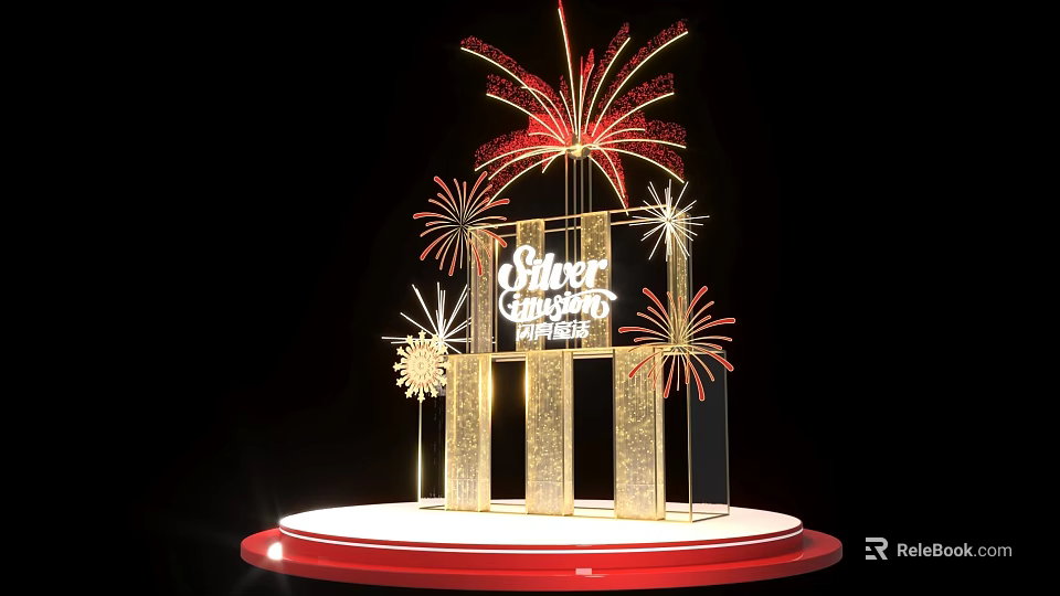 Silver Jubilee Celebration Stage With Fireworks Decorations And Golden Pillars On Red Base 3d model 