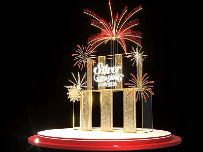 Silver Jubilee Celebration Stage With Fireworks Decorations And Golden Pillars On Red Base 3d model