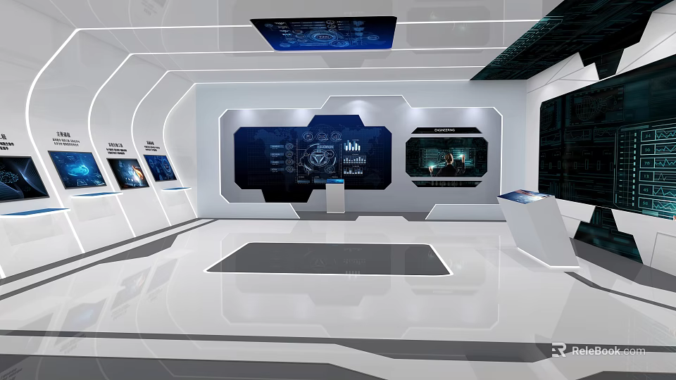 Futuristic Tech Exhibition Hall With Digital Screens Interactive Elements And White Interior 3d model