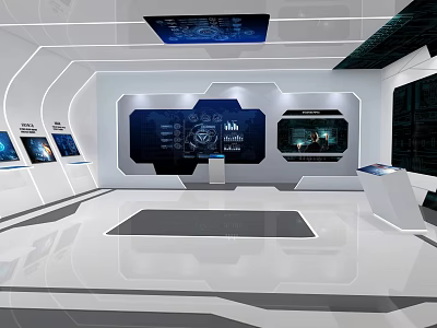 Futuristic Tech Exhibition Hall With Digital Screens Interactive Elements And White Interior 3d model