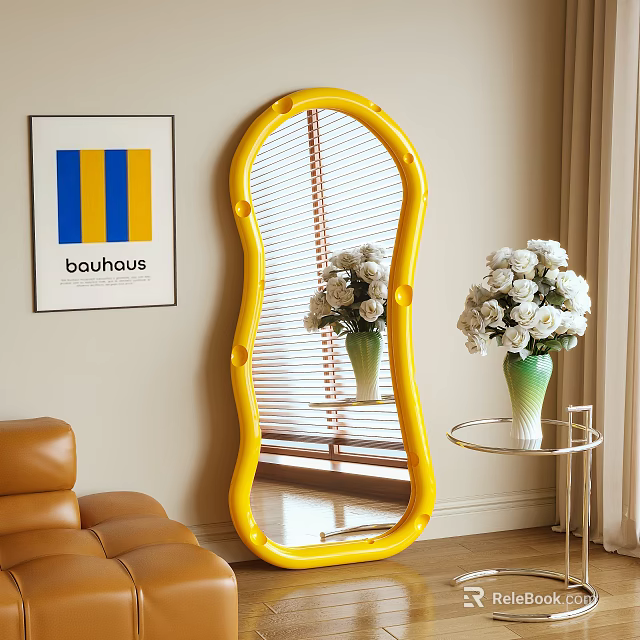 Yellow Arched Mirror in Living Room Interior with Bauhaus Poster White Flowers and Green Vase 3d model 