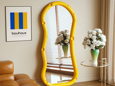 Yellow Arched Mirror in Living Room Interior with Bauhaus Poster White Flowers and Green Vase 3d model