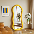 Yellow Arched Mirror in Living Room Interior with Bauhaus Poster White Flowers and Green Vase