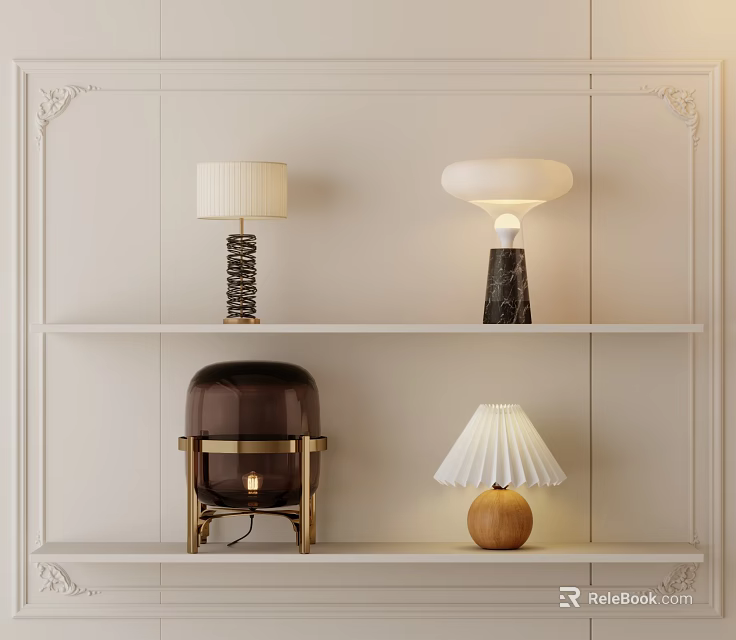 Stylish Table Lamps On White Wall Shelves With Various Designs And Lampshades 3d model 