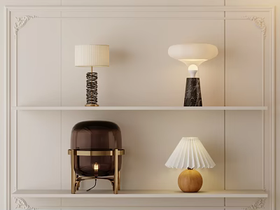 Stylish Table Lamps On White Wall Shelves With Various Designs And Lampshades 3d model