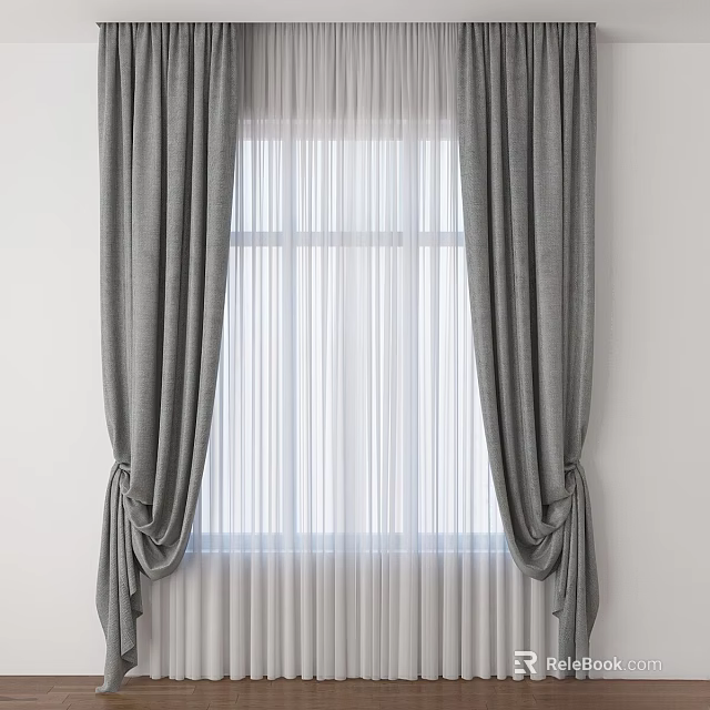 Gray Curtains With White Sheer Panels For Elegant Window Interior Decoration Design 3d model