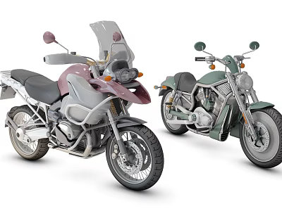 Two Different Motorcycles With Windshield And Classic Cruiser Design In Gray Purple And Green 3d model