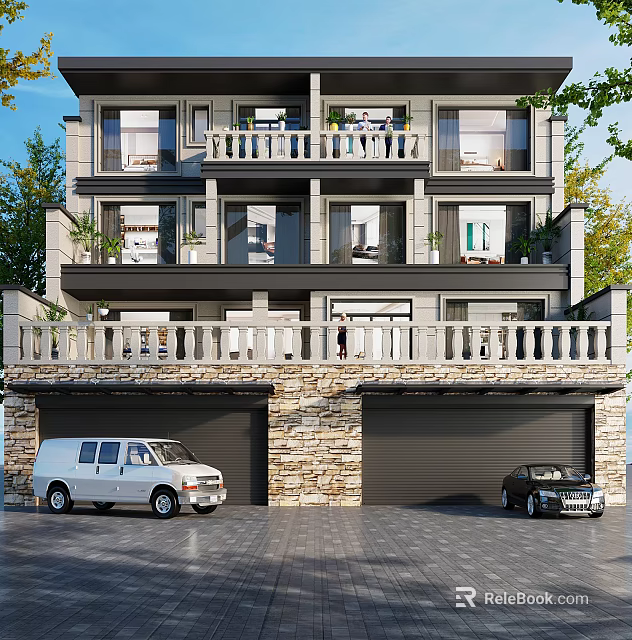 Modern Two Story Semi Detached Villa With Balconies Garages Parked Cars And Trees 3d model 