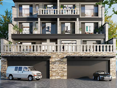 Modern Two Story Semi Detached Villa With Balconies Garages Parked Cars And Trees 3d model