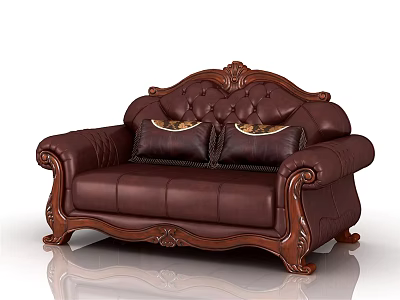 Brown Leather Loveseat With Carved Wooden Frame And Decorative Pillows 3d model