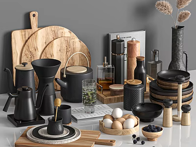 Stylish Kitchenware Collection Featuring Wooden Cutting Boards Black Coffee Tools Bowls Eggs And Spice Jars 3d model