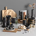 Stylish Kitchenware Collection Featuring Wooden Cutting Boards Black Coffee Tools Bowls Eggs And Spice Jars