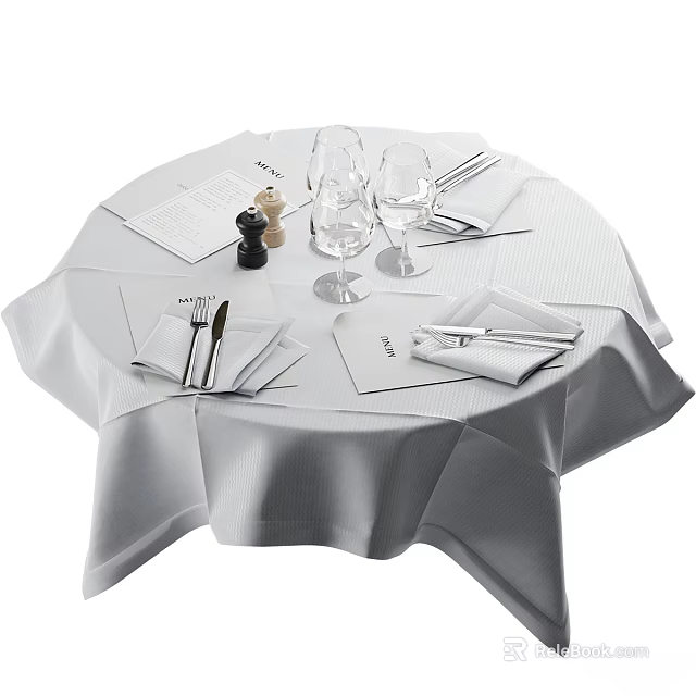Stylish Tea Set Arranged On White Tablecloth Round Table With Napkins And Cutlery 3d model 