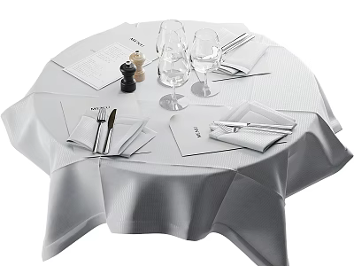 Stylish Tea Set Arranged On White Tablecloth Round Table With Napkins And Cutlery 3d model