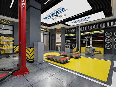 4S Auto Repair Workshop With Red Car Lift Yellow Floor Tool Racks Parts And Tires 3d model